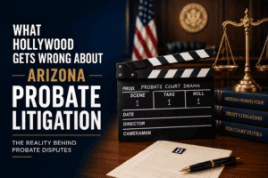 What Hollywood gets wrong about Arizona probate litigation: a movie clapperboard labeled Probate Court Drama beside scales of justice and Arizona probate law books.